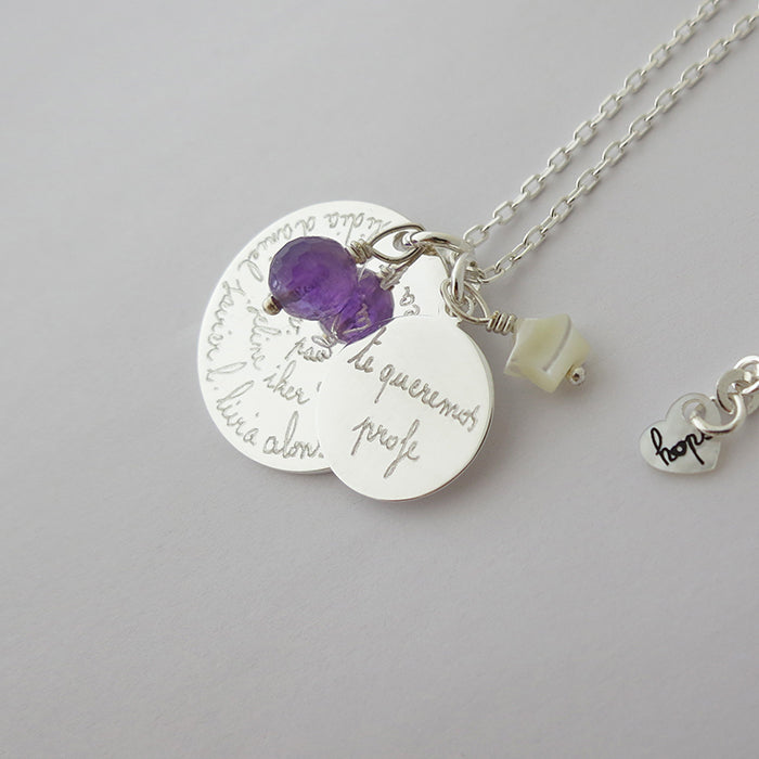 Collar Olympia plata con medallita redonda cadena con amatista y estrellita nácar Personalizado HOPS regalo para profesores