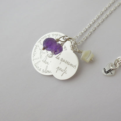 Collar Olympia plata con medallita redonda cadena con amatista y estrellita nácar Personalizado HOPS regalo para profesores