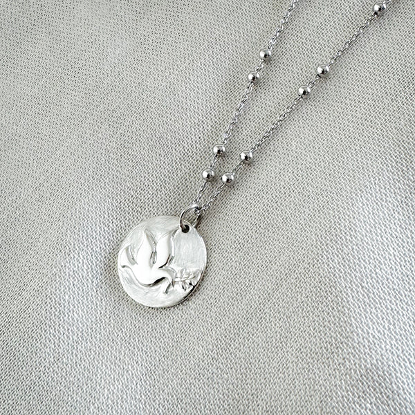 Collar colgante paloma de la paz personalizado plata de ley con cadena de bolitas