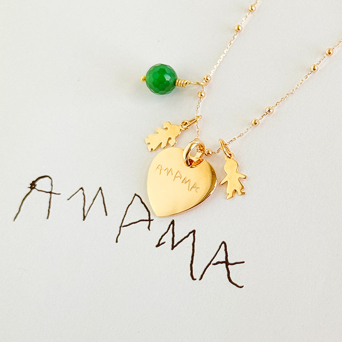 Collar Sidonie Corazón oro con medallitas niña y niño ágata verde cadena bolitas Grabado Personalizado HOPS regalo para día de la madre