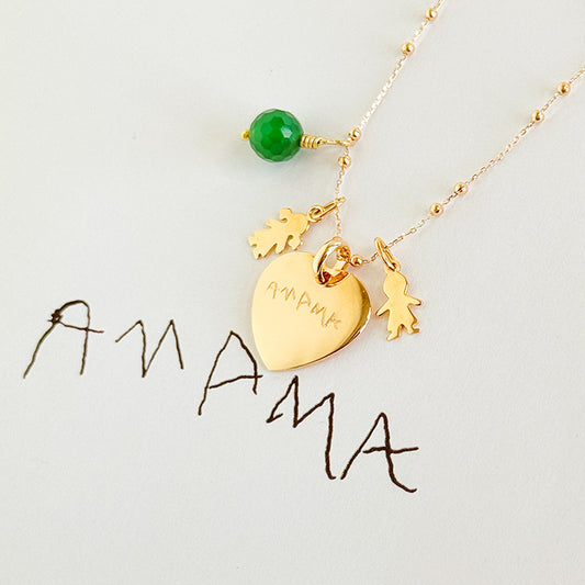 Collar Sidonie Corazón oro con medallitas niña y niño ágata verde cadena bolitas Grabado Personalizado HOPS regalo para día de la madre