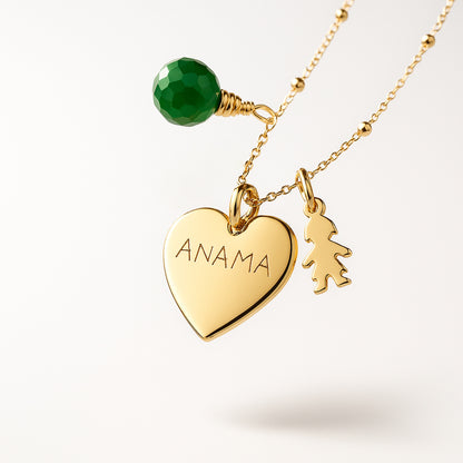 Collar Sidonie Corazón oro con medallitas niña y niño ágata verde cadena bolitas Grabado Personalizado HOPS regalo para día de la madre