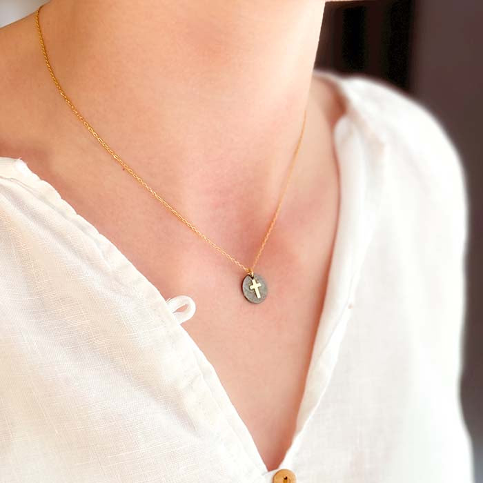 Collar religioso cruz plata oscura y oro Personalizado para niñas comunión HOPS 