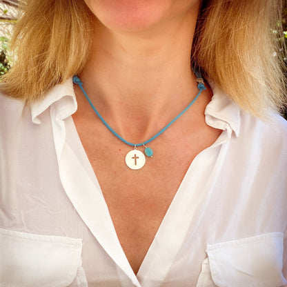 Collar Cruz Calada plata con turquesa Personalizado HOPS regalo para mujeres 