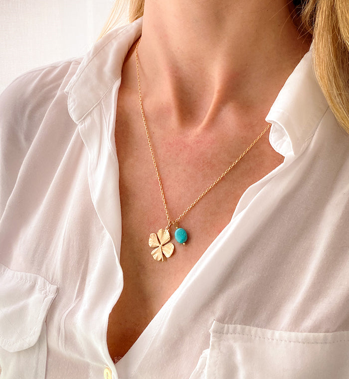 Collar Trébol de la suerte con cadena 55cm con turquesa Personalizado HOPS regalo para mujeres día de la madre