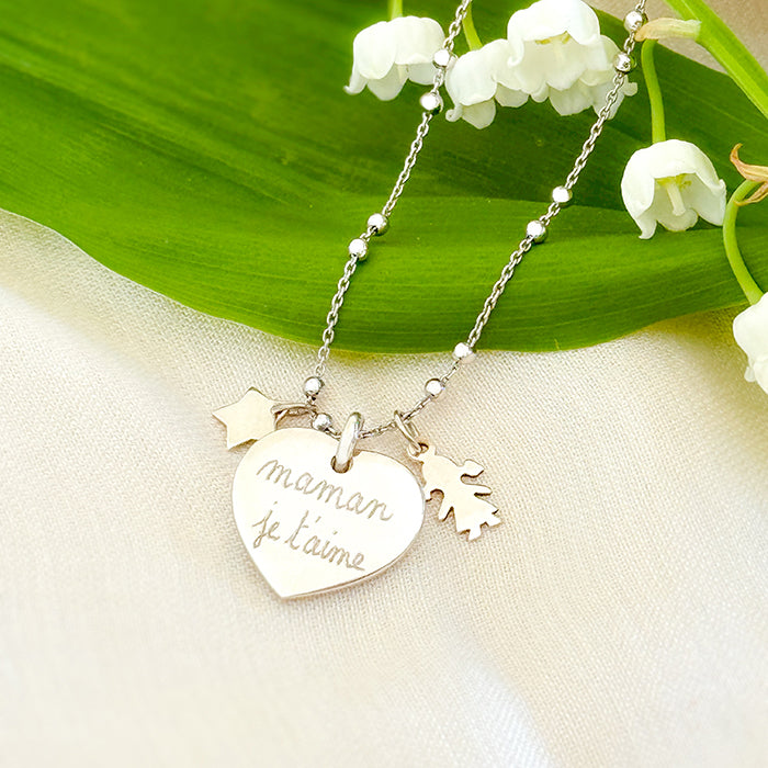 Collar Sidonie Corazón plata con medallitas estrella y niña Personalizado HOPS regalo para día de la madre