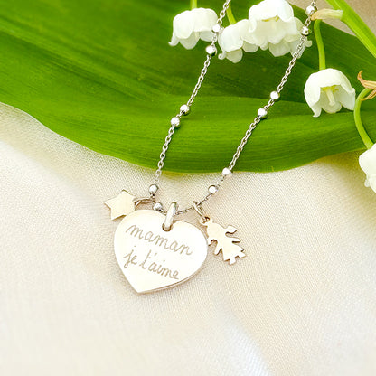 Collar Sidonie Corazón plata con medllitas estrella y niña cadena bolitas Personalizado HOPS regalo para día de la madre