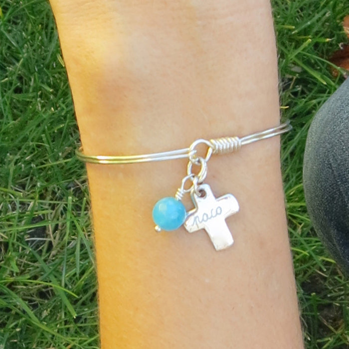 Pulsera Muelle Cruz plata con ágata azul Personalizado HOPS regalo para mamá día de la madre