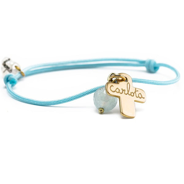 Pulsera Cruz oro con ágata azul Personalizada HOPS