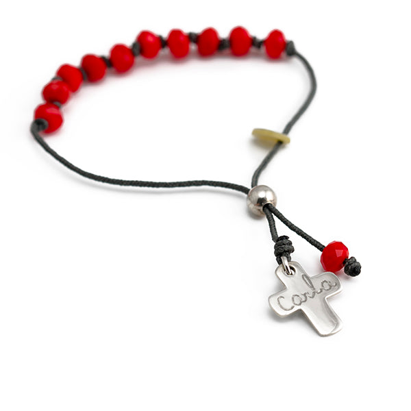 Pulsera Rosario Cristal rojo Cruz plata Personalizado HOPS