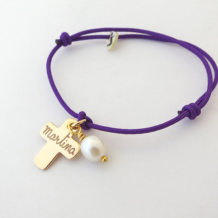 Pulsera Cruz oro con perla cordón 2mm violeta Personalizado HOPS regalo para comunión