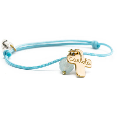 Pulsera Cruz oro con ágata azul cordón 1mm turquesa Personalizado HOPS regalo para comunión