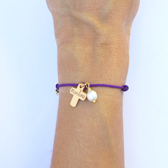 Pulsera Cruz oro con perla cordón 1mm violeta Personalizado HOPS regalo para mujeres y niñas comunión