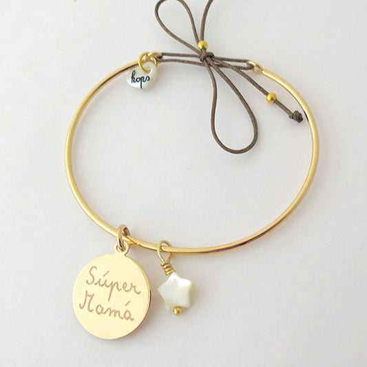 Pulsera Personalizado Aro Nina redondo oro con estrellita nácar cordón seda marón HOPS regalo para mamá día de la madre