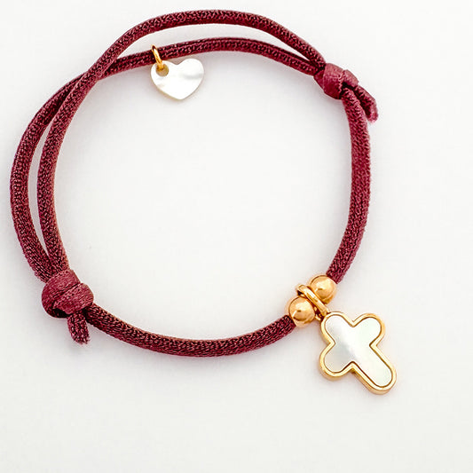Pulsera Cruz oro y nácar con cordón goma satinada berenjena Personalizado HOPS regalo para mujeres y comunión