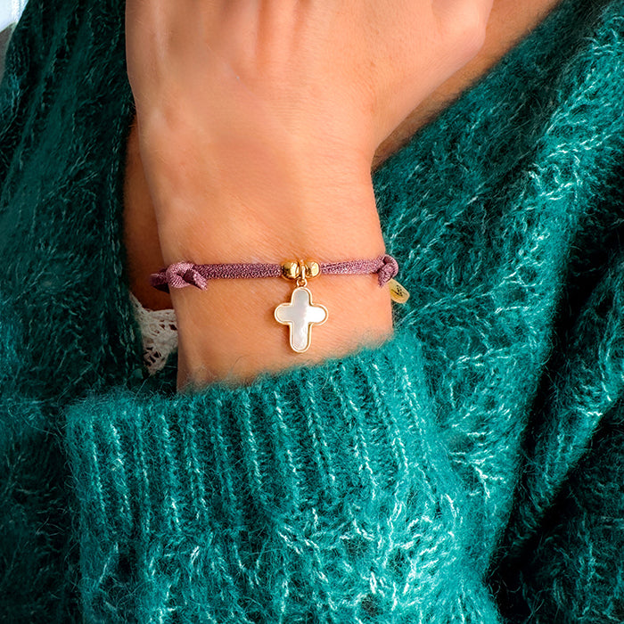 Pulsera Cruz oro y nácar con cordón goma satinada berenjena Personalizado HOPS regalo para mujeres y comunión