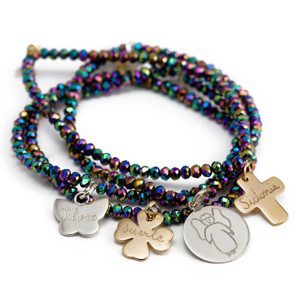 Pulsera Cristal con medallas, nina, trébol, mariposa, cruz, nube regalo niña, mujer, profe, madre Personalizado HOPS