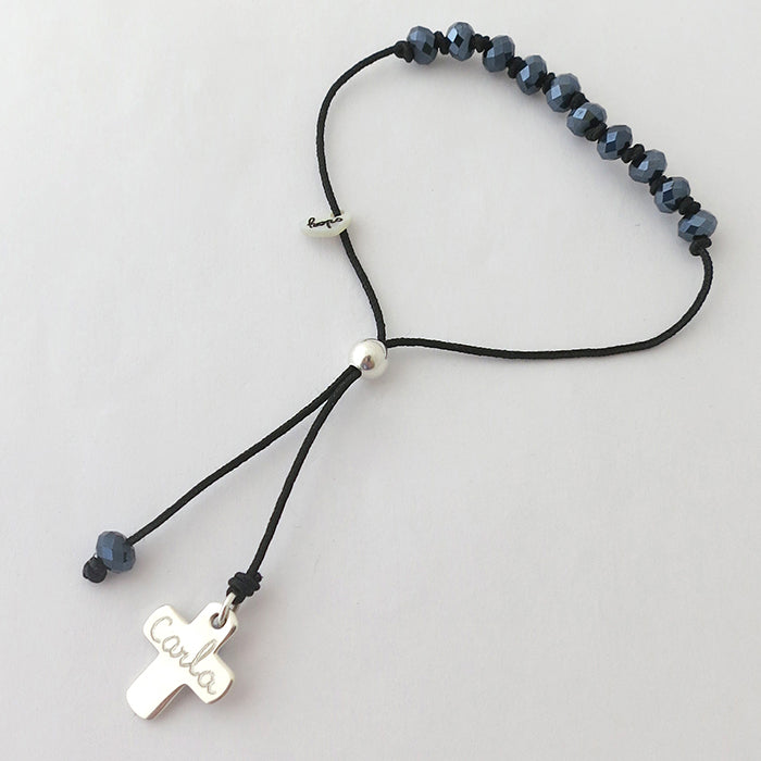 Pulsera Rosario cristal negro Cruz plata Personalizado HOPS regalo para mujeres niñas comunión