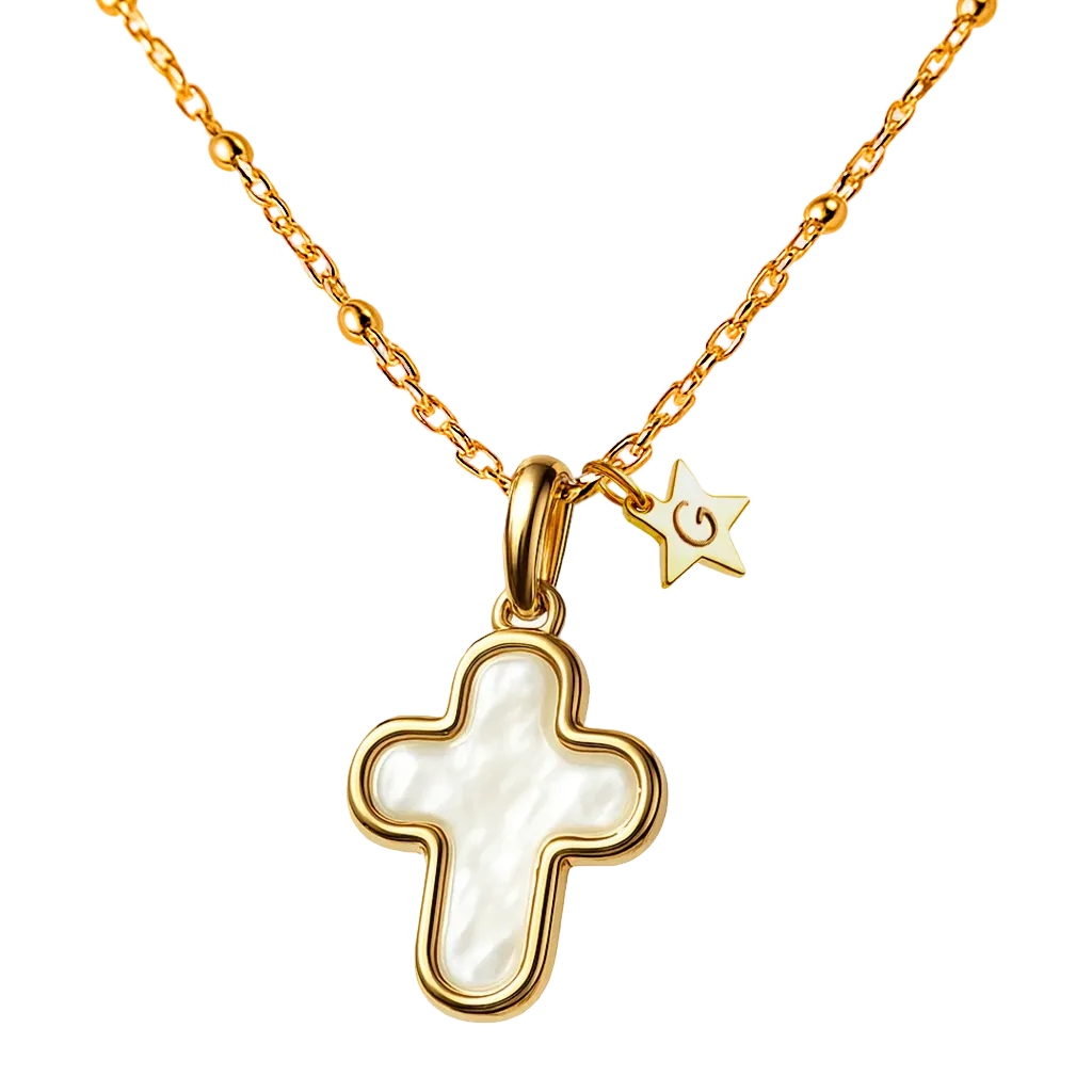 Collar Cruz oro y nácar con estrellita adicional Personalizable con cadena bolitas HOPS regalo para mujeres y comunión