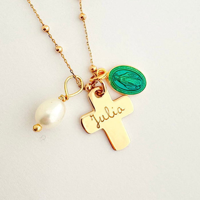 Collar Cruz oro Personalizable con medallita Virgen Milagrosa y perla con cadena bolitas 42cm HOPS regalo para mamá comunión 