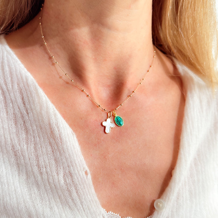 Collar Cruz oro y nácar con medalla Milagrosa con cadena bolitas de 42cm HOPS regalo para mujer adolescentes y comunión