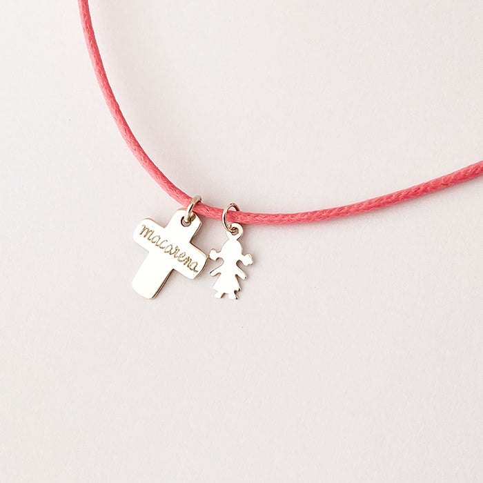 Collar Cruz plata con niña adicional cordón Personalizado HOPS regalo para niñas y comunión