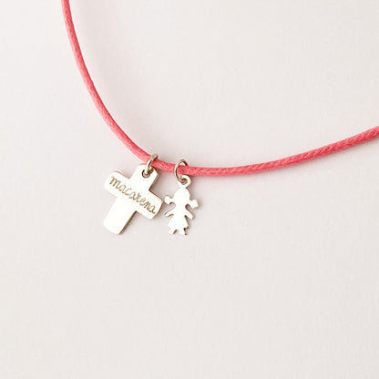 Collar Cruz plata con niña adicional cordón Personalizado HOPS regalo para niñas y comunión
