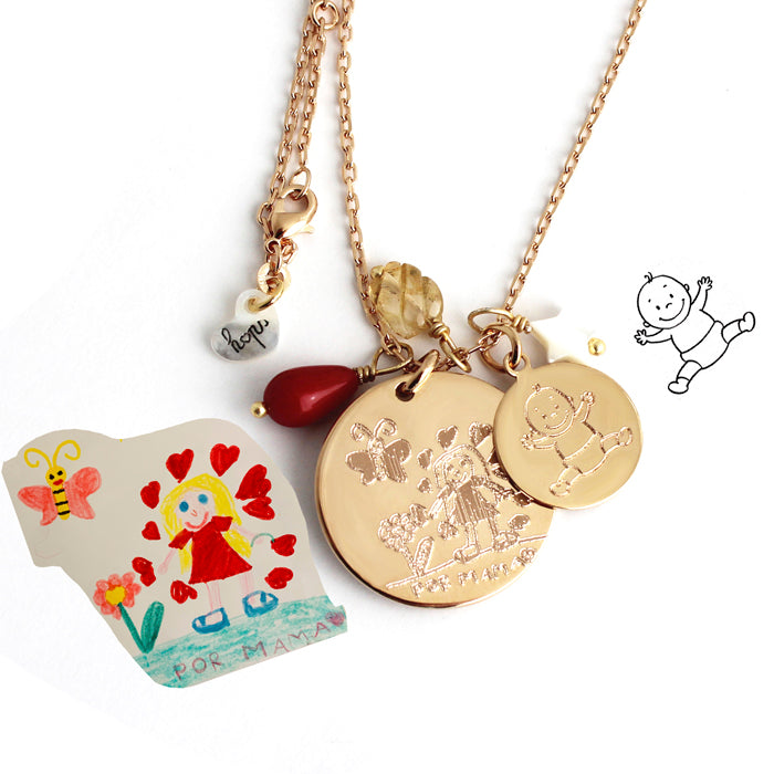 Collar Olympia oro con medallita redonda grabado dibujo cadena con gota coral rojo citrino y estrellita nácar Personalizado HOPS regalo para mamás día de la madre