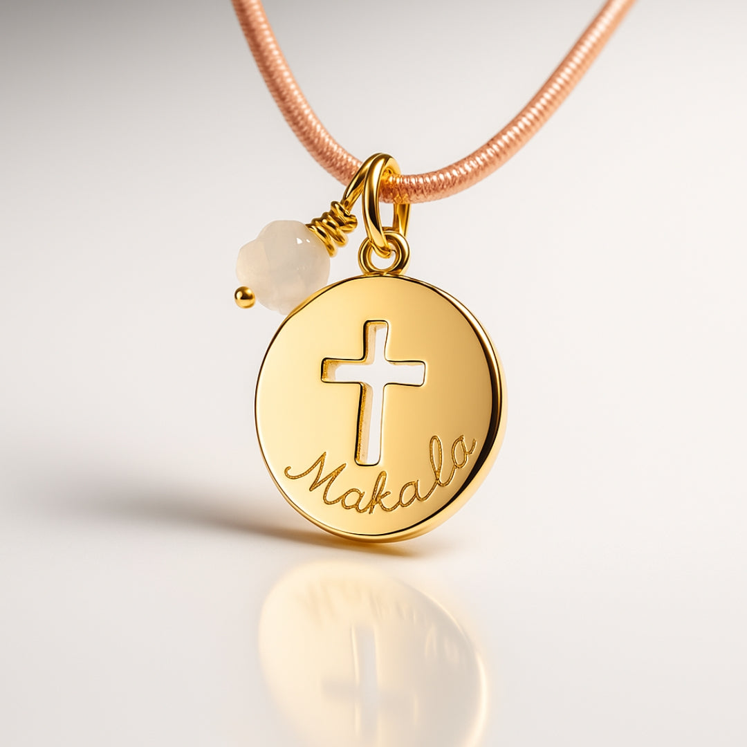 Collar Cruz Cala oro con cuarzo rosa y plata con turquesa cordón Personalizado HOPS regalo para niños bautizo comunión