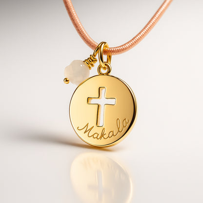 Collar Cruz Cala oro con cuarzo rosa y plata con turquesa cordón Personalizado HOPS regalo para niños bautizo comunión