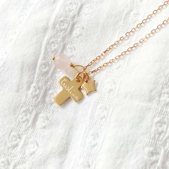 Collar Cruz con medallita estrella y cuarzo rosa cadena 55cm oro Personalizado HOPS regalo para mamá y comunión