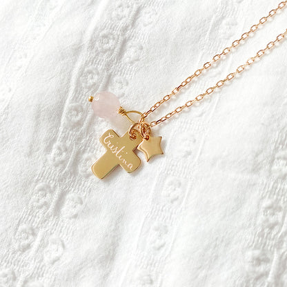 Collar Cruz con medallita estrella y cuarzo rosa cadena 55cm oro Personalizado HOPS regalo para mamá y comunión
