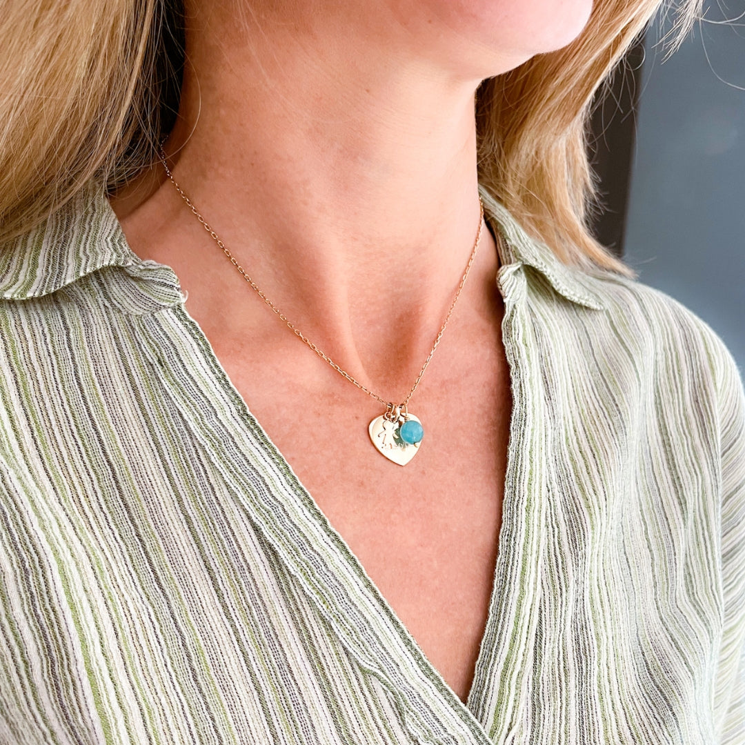 Collar Sidonie Corazón con medallita niño ágata azul Personalizado HOPS regalo para día de la madre