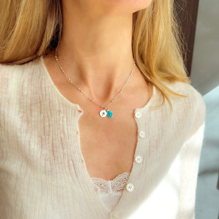 Collar Crus calada pequeña Personalizada con Milagrosa plata con cadena bolitas 42cm HOPS regalo para mujeres y comunión