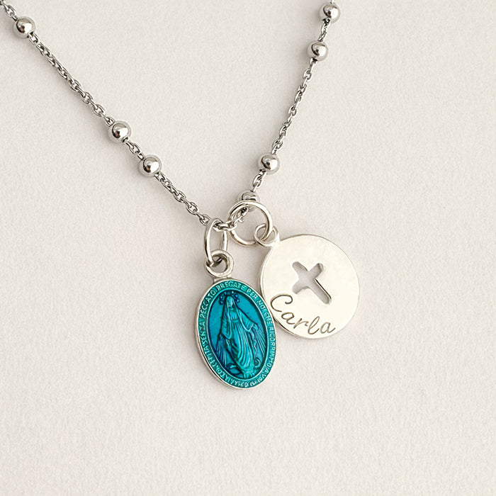 Collar Cruz calada pequeña Personalizada con Milagrosa plata con cadena bolitas 42cm HOPS regalo para mujeres y comunión
