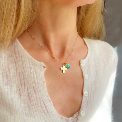 Collar religioso cruz personalizada con medalla de la Virgen Milagrosa esmalte azul