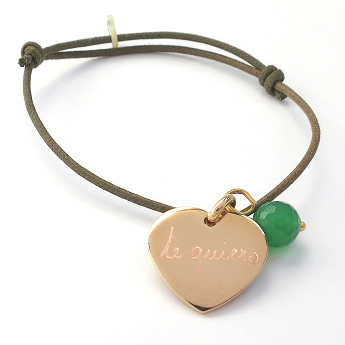 Pulsera Sidonie Corazón oro con ágata verde cordón Personalizado HOPS regalo para mujeres san valentin