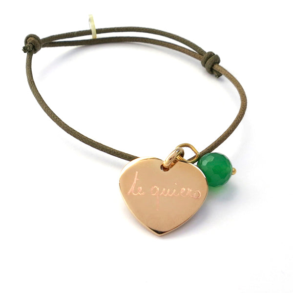     Pulsera hilo medalla corazón personalizada con nombre piedra preciosa verde