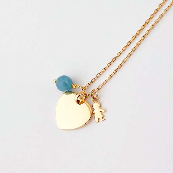 Collar Sidonie Corazón con cadena i medallita adicional niño y piedra agata azul Personalizado HOPS